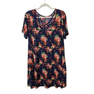 Womens Size 2XL Pullover Tunic Top Blue Floral Asymmetrical Hem Strappy Front